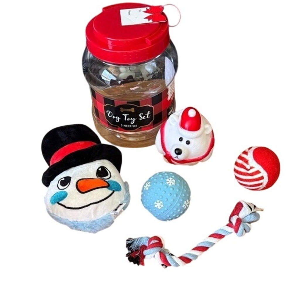 WOOF Holiday Dog 5 Piece Toy Set Gift Idea: Snowman Rope Ball Squeaker NEW